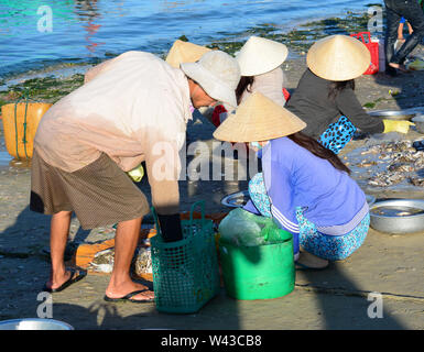 Phan Thiet, Vietnam - Mar 19, 2016. Les gens vendent du poisson au marché local dans la ville de Mui Ne, Phan Thiet, Vietnam. Mui Ne est une ville de pêche côtière dans le sout Banque D'Images