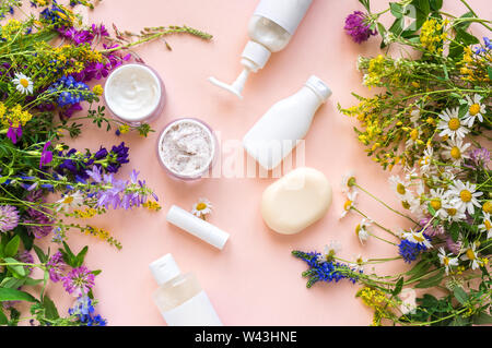 Eco Friendly de la peau. Les produits cosmétiques naturels et biologiques herbes et fleurs sur fond rose, vue du dessus, une télévision. Recherche biologique et d'un style de vie sain conc Banque D'Images