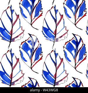Modèle sans couture à l'aquarelle les feuilles d'automne. Peint à la main avec noir, bleu et rouge avec de l'encre couleur multi-gouttes à l'arrière-plan. Objets isolés Banque D'Images