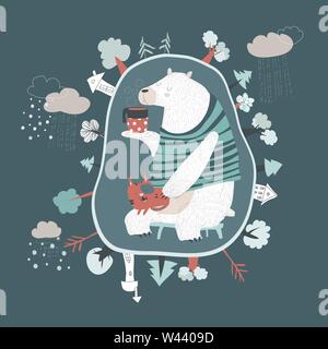 Cute cartoon ours avec petit chat dans la région de den Illustration de Vecteur