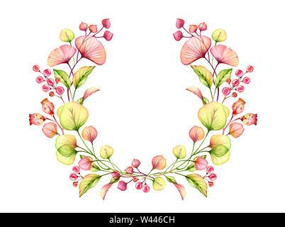 Arrangement floral Transparent aquarelle couronne ronde de petits fruits, feuilles, branches en rose pastel, corail rouge orange vert illustration botanique Banque D'Images