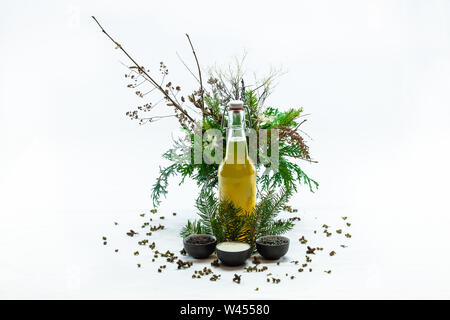 Une vue rapprochée de kombucha fraîchement préparé, un mélange légèrement alcoolisé de champignons mandchoue, le thé vert et les édulcorants, dans un flacon en verre avec feuillage naturel Banque D'Images