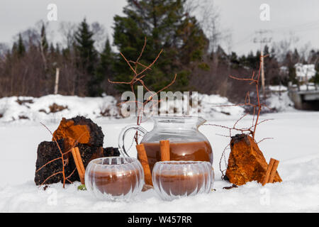 Chaga bio thé chai est vu de près, dans deux petites tasses en verre contre une scène hivernale naturelle, un champignon et rafraîchissante boisson au cacao avec copie espace ci-dessus Banque D'Images