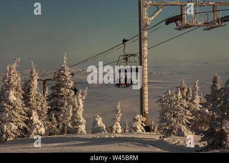 Les skieurs prennent le télésiège Liberator quad jusqu'au sommet de la montagne par temps froid et clair, où les arbres sont engloutis dans la glace rime formée de gel. Banque D'Images