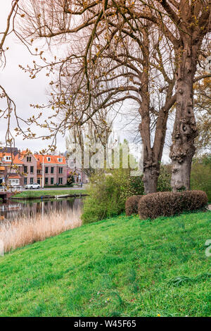 Les Pays-Bas une vue sur la ville à partir du parc avec de l'eau, la route et l'herbe au coucher du soleil. Banque D'Images