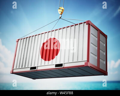 Conteneur avec le drapeau du Japon contre le ciel bleu. 3D illustration. Banque D'Images