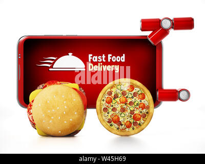 Hamburger et pizza monté smartphone avec livraison de restauration rapide du texte. 3D illustration. Banque D'Images