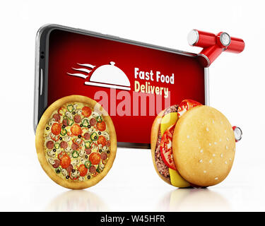 Hamburger et pizza monté smartphone avec livraison de restauration rapide du texte. 3D illustration. Banque D'Images