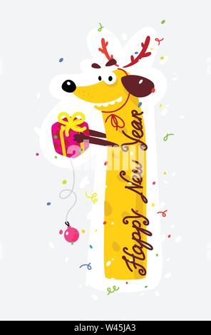 Beau chien jaune. Noël et Nouvel An chinois. Illustration vectorielle, isolé sur fond blanc. Pour l'impression et le web. Le teckel est li Illustration de Vecteur