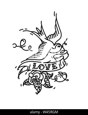 Hirondelles de tatouage avec l'inscription de l'amour et un bouton de rose à partir de ci-dessous. Vector illustration. Tatouage d'une vieille école. Swift avec ruban et d'oiseaux Illustration de Vecteur