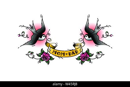 Hirondelles de tatouage avec l'inscription de maman papa sur bande. Vector illustration. Tatouage, American old school. Deux oiseaux hirondelles, roses et congratulatio Illustration de Vecteur