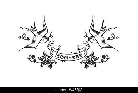 Hirondelles de tatouage avec l'inscription de maman papa sur bande. Vector illustration. Tatouage, American old school. Deux oiseaux hirondelles, roses et congratulatio Illustration de Vecteur