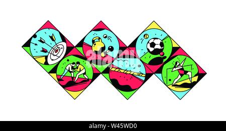 Un ensemble d'icônes sur le thème des sports. Vector illustration. Style vintage, rétro. Jeux de sports. Square des icônes pour le site, la bannière. Autocollants de marque, avatra Illustration de Vecteur