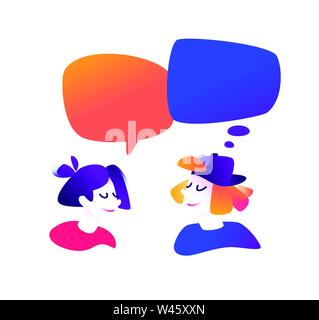 Illustration d'une communication de Guy et une fille. Vector illustration. Personnages mignons dans un style cartoon, bande dessinée. La communication, chat sur Internet Illustration de Vecteur