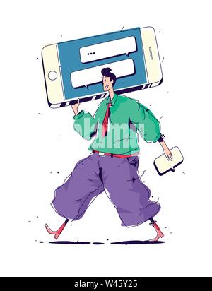 Illustration des hommes avec grand smartphone. Vecteur. Manager et les messages sur le chat, envoi de publicité par SMS. L'image est isolé sur fond blanc. Illustration de Vecteur