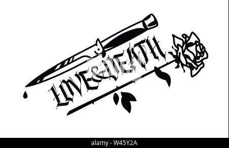 Un tatouage avec un couteau et une rose. Vecteur. L'inscription l'amour et la mort dans le style gothique. Le style de la vieille école américaine. L'image est isol Illustration de Vecteur