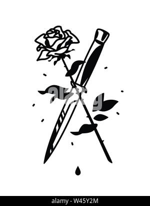 Un tatouage avec un couteau et une rose. Vector illustration. Tatouage dans le style de la vieille école américaine. L'image est isolé sur fond blanc. Le SAF Illustration de Vecteur