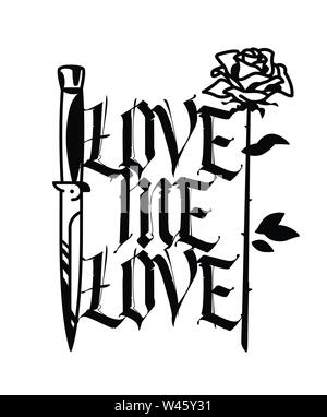 Un tatouage avec un couteau et une rose. Vecteur. L'inscription est de style gothique. Love me love. Le style de la vieille école américaine. L'image est isolé sur whi Illustration de Vecteur