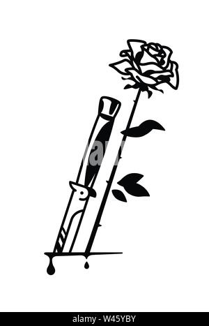 Couteau de tatouage et de rose. Vecteur. Vintage tattoo dans le style d'American old school. L'image est isolé sur fond blanc. Dessin de contour. Couteau et f Illustration de Vecteur