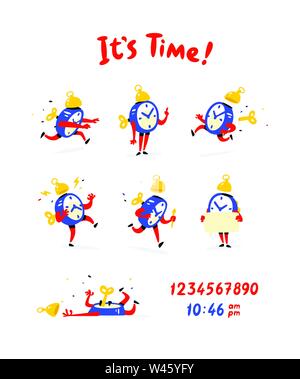 Personnages de la réveil. Vecteur. Un ensemble d'émotions et de réveils. La vie de l'horloge. Illustrations isolé sur fond blanc. Illustration de Vecteur