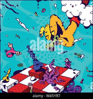 Illustration psychédélique sur les échecs. Vecteur. La main avec tour de mat. Photo surréaliste sur le thème de la gestion et de l'entreprise. Jeu d'échecs. D Illustration de Vecteur