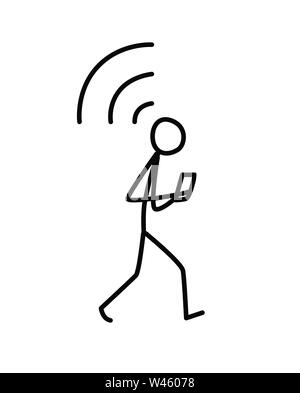 Illustration d'un homme marchant avec un téléphone. Vecteur. Connexion d'une connexion Wi-Fi gratuite. La métaphore. Style linéaire. Illustration pour le site web ou de l'affiche. Toujours en ligne. Illustration de Vecteur