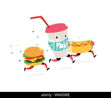 Caractères hamburger, hot-dog, cocktail cup. Vecteur. Logos pour la restauration rapide. Drôle illustration de livraison de nourriture. Emblèmes, signes de dessin animé pour la restaura Illustration de Vecteur