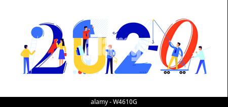Le personnel de bureau se préparent à répondre à la nouvelle année 2020. Vector illustration. Personnages de réparer les chiffres. Droit est isolé sur blanc backgroun Illustration de Vecteur