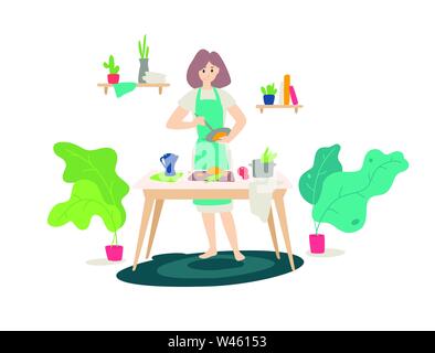 Illustration d'une jeune fille dans un tablier cuisine dans la cuisine. Vecteur. Télévision cartoon style. Femme à la cuisson. Des aliments sains. Mode de vie sain. Coo Illustration de Vecteur