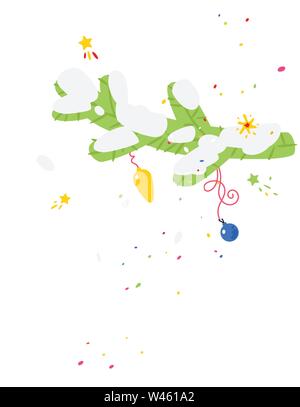 Illustration de branches de sapin, avec la neige et la nouvelle année les jouets. Vecteur. Télévision Cartoon style. Noël Décoration élément pour concevoir des modèles. Illustration de Vecteur