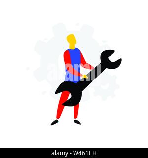 Illustration d'un homme avec une clé. Vecteur. Style plat. La réparation et l'entretien du matériel. Les dispositifs de fixation garanti. Logo de l'entreprise. Droit Illustration de Vecteur