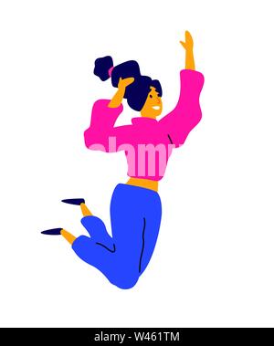 Cheerful danseuse dans un pull rose et un pantalon bleu. Vecteur. Illustration d'une jeune femme en riant. Caractère pour le studio de danse. Style plat. Co Illustration de Vecteur