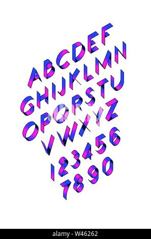 Volume font, bande. Vecteur. Mince, linéaire, le contour des lettres. Police de l'Amérique latine. L'isométrie toutes les lettres sont séparées. Alphabet complet avec les chiffres. Style années 80. Al Illustration de Vecteur