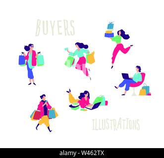 Illustration de personnes avec les achats. Vecteur. Les hommes et les femmes ont acheté des choses. Promotions et ventes dans les réseaux de vente au détail. Télévision cartoon style. Vendredi noir. Illustration de Vecteur