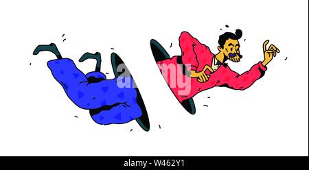 Illustration d'un homme volant à travers un trou d'un portail. Vecteur. Dessin noir et blanc linéaire. Homme d'affaires passe par l'espace. Hipster est voler sur Illustration de Vecteur