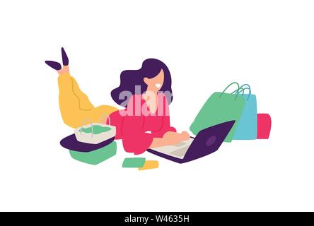 Illustration d'une fille avec le shopping. Vecteur. Télévision positive illustration dans un style de dessin animé. Promotions et ventes. Accro du shopping. La jeune fille communic Illustration de Vecteur