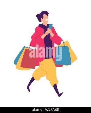 Illustration d'un jeune mec avec les achats. Vecteur. Télévision positive illustration dans un style de dessin animé. Promotions et ventes. Accro du shopping. Un jeune homme Illustration de Vecteur