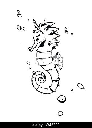 Dessin linéaire d'un hippocampe. Tatouage de la mode. Vecteur. Les grandes lignes du dessin. Style hippie. T-shirt motif. Illustration de Vecteur