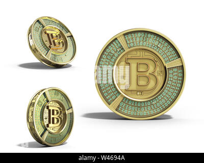 Ensemble d'or moderne rendu 3d des bitcoins sur fond blanc Banque D'Images