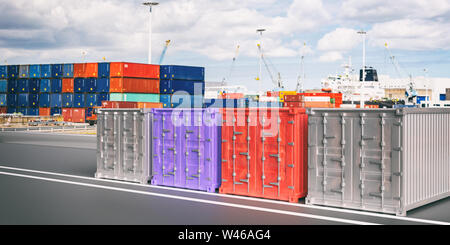 Les conteneurs de fret, import export, logistique transport concept, flou, fond du port. 3d illustration Banque D'Images