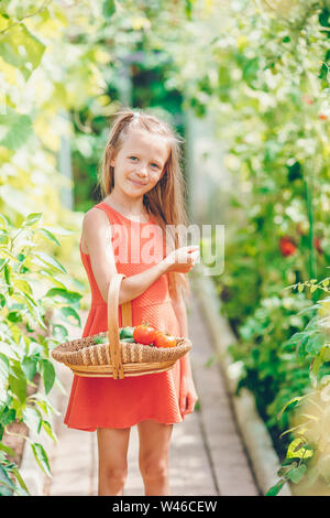 Cute little girl recueille les concombres et tomates de serre en Banque D'Images