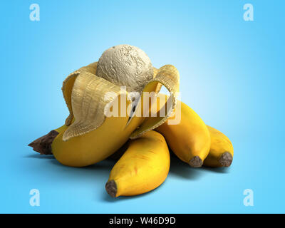 Concept moderne de la crème glacée aux fruits une glace banane balle repose sur une banane rôtie 3D render sur fond bleu Banque D'Images