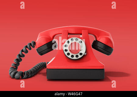 Hot line téléphone vintage rouge concept prendre un appel idéal pour page de contact 3D render sur rouge Banque D'Images