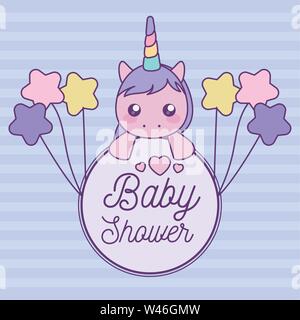 Carte de douche de bébé à tête de licorne cute vector illustration design Illustration de Vecteur