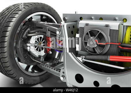 Voiture électrique empattement cystem avec système d'entraînement du véhicule électrique et de la batterie, le rendu 3D White Banque D'Images