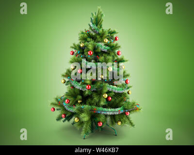Arbre de Noël avec des jouets colorés isolé de rendu 3D sur vert Banque D'Images