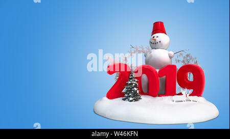 Nouvelle année 2019 avec l'île de neige bonhomme de neige et d'arbres 3D render sur bleu Banque D'Images