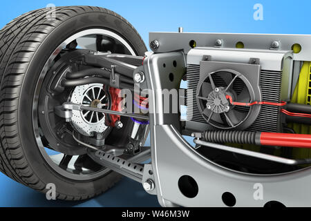 Voiture électrique empattement cystem avec système d'entraînement du véhicule électrique et de la batterie, 3D render sur bleu Banque D'Images