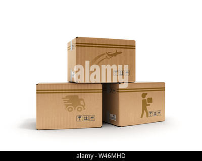 Concept moderne de tous les types de boîtes de livraison avec des images de l'avion courrier pédestre et automobile 3D render sur blanc Banque D'Images