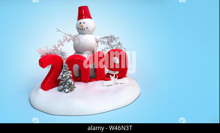 Nouvelle année 2019 avec l'île de neige bonhomme de neige et d'arbres 3D render sur bleu Banque D'Images